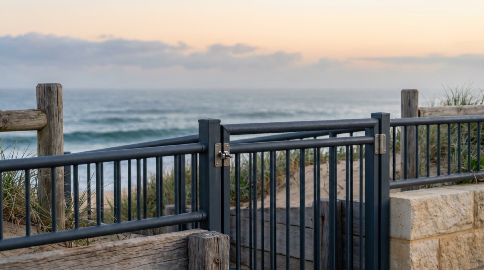 A powder-coated aluminium fence and gate at a beachside Newcastle home, the ocean behind and sandstone and salt-weathered timber alongside